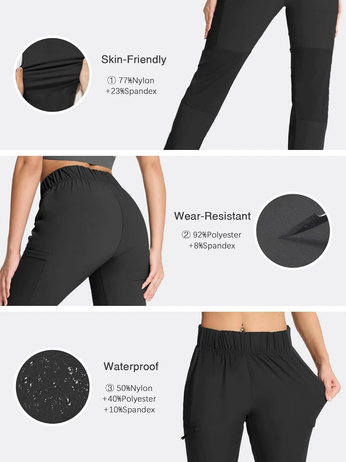 Women's Hiking Pants Quick Dry Travel Lightweight Waterproof Waist Cargo Pants with Zipper Pockets Casual Outdoor