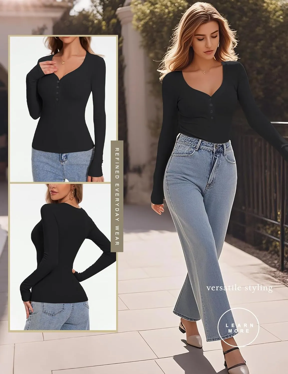 Women's Long Sleeve V Neck Shirt Sexy Henley Fitted Tight Going Out Top Ribbed Knit Button Fall Fashion 2024