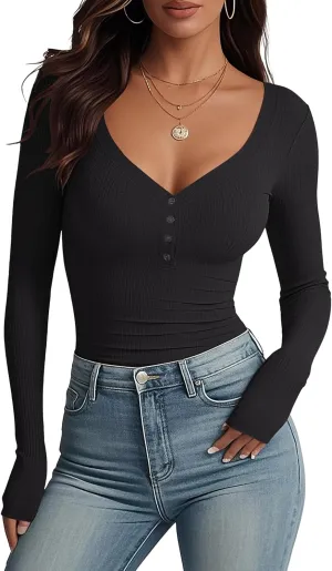 Women's Long Sleeve V Neck Shirt Sexy Henley Fitted Tight Going Out Top Ribbed Knit Button Fall Fashion 2024