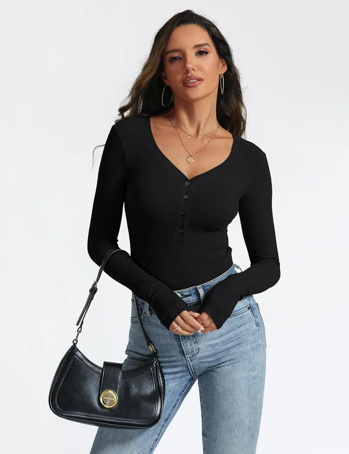 Women's Long Sleeve V Neck Shirt Sexy Henley Fitted Tight Going Out Top Ribbed Knit Button Fall Fashion 2024