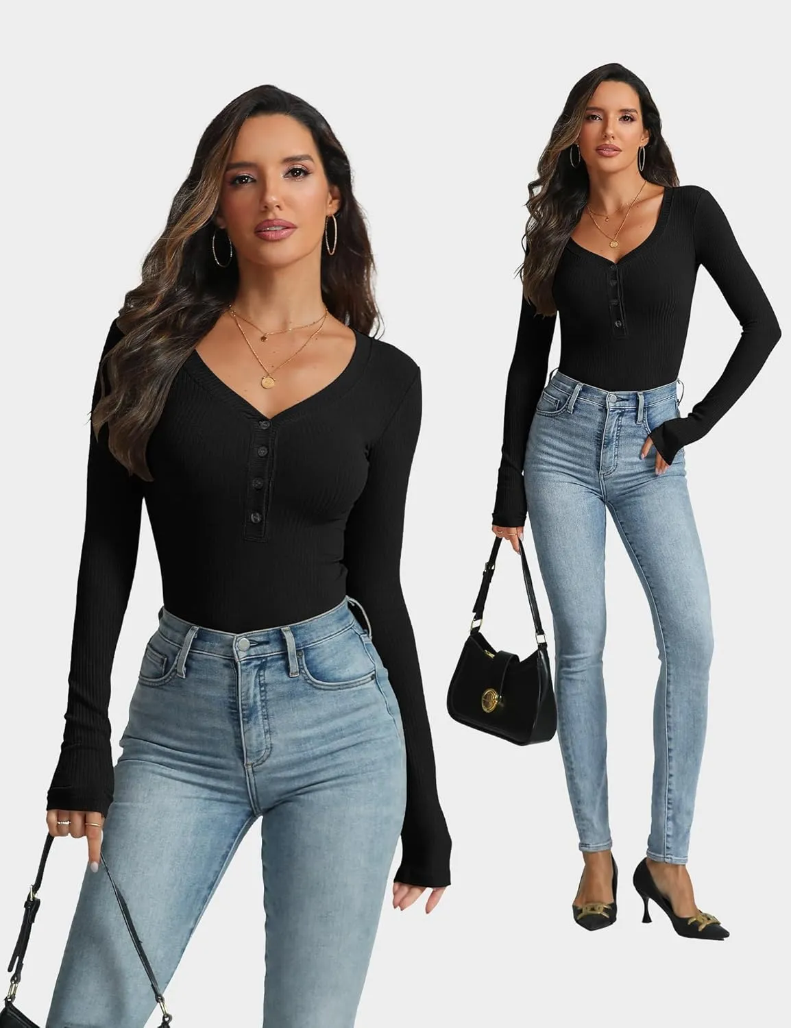 Women's Long Sleeve V Neck Shirt Sexy Henley Fitted Tight Going Out Top Ribbed Knit Button Fall Fashion 2024