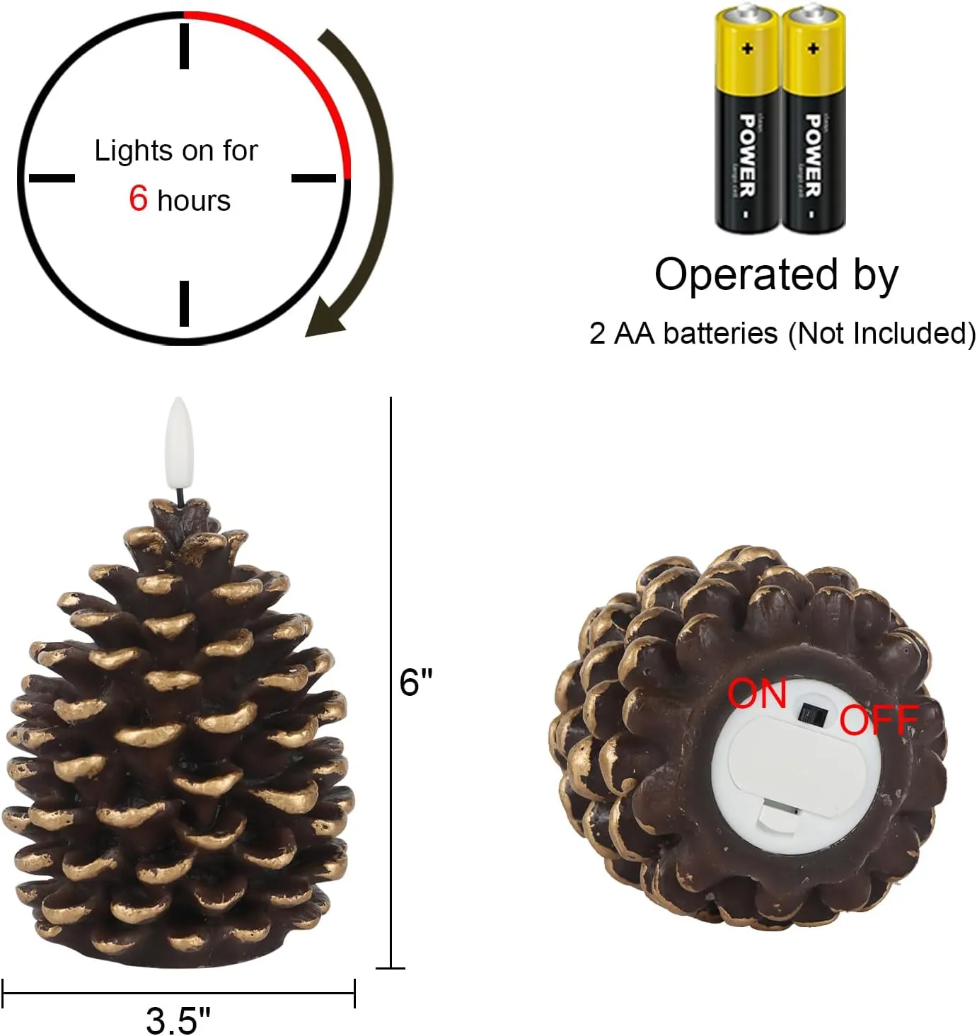 Wondise Flameless Candles with Timer, Battery Operated Flickering 3D Wick Real Wax Pine Cone Candles for Christmas Indoor Decoration, Set of 2, Brown(D3.5 x H6 Inch)