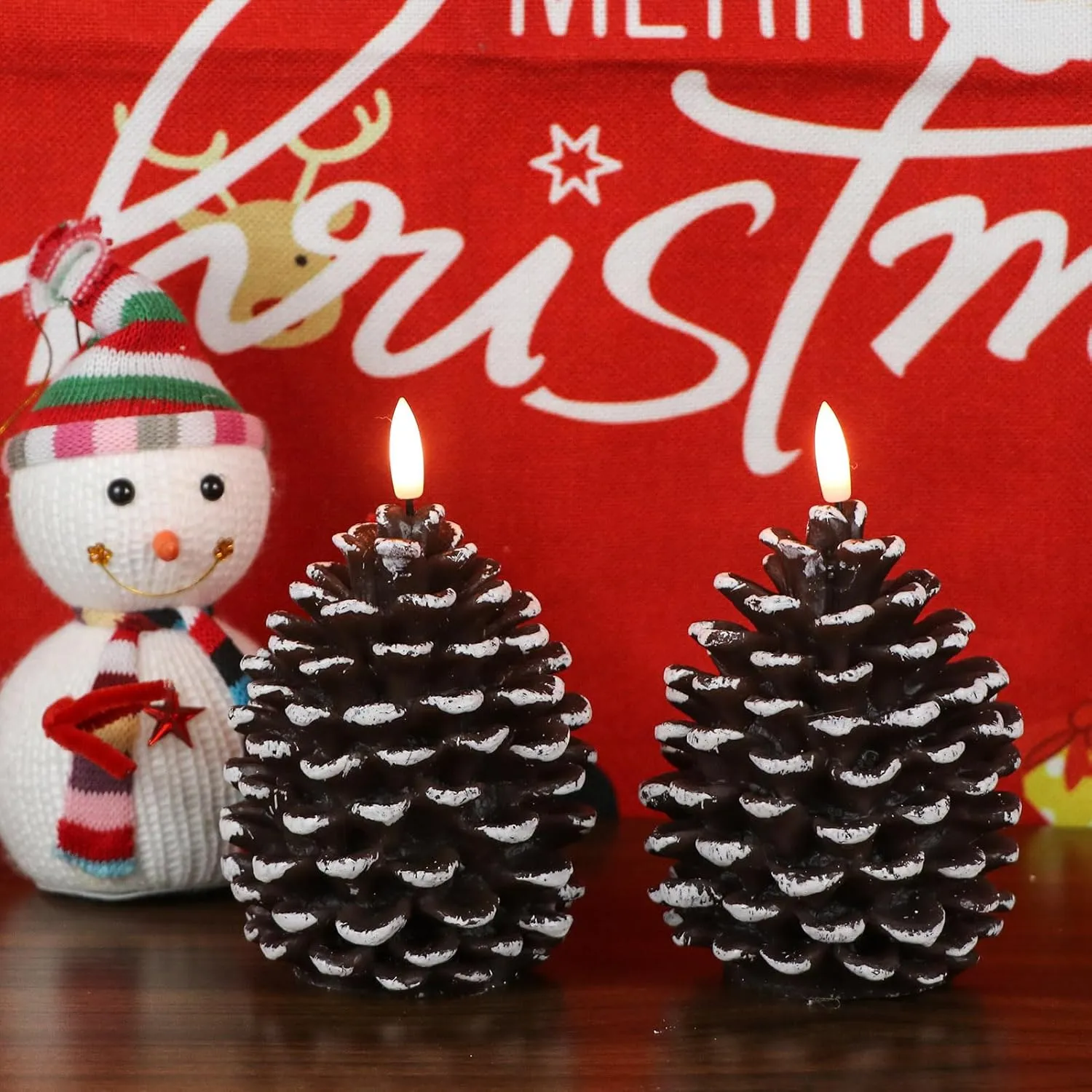 Wondise Flameless Candles with Timer, Battery Operated Flickering 3D Wick Real Wax Pine Cone Candles for Christmas Indoor Decoration, Set of 2(D3.5 x H6 Inch)