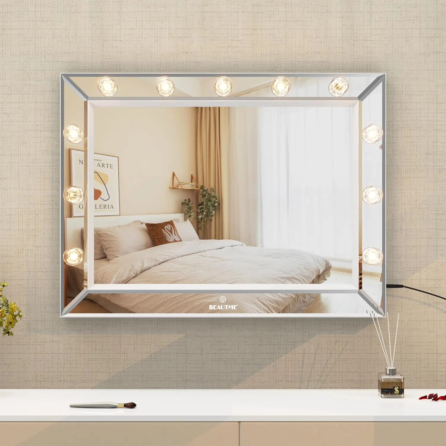 WONSTART Vanity Mirror with Lights 33'' x 24'' Lighted Makeup Mirror with 11 Replaceable Bulbs and 10X Magnifier, USB Charging, Warm Light, Desktop or Wall Mounted (White)