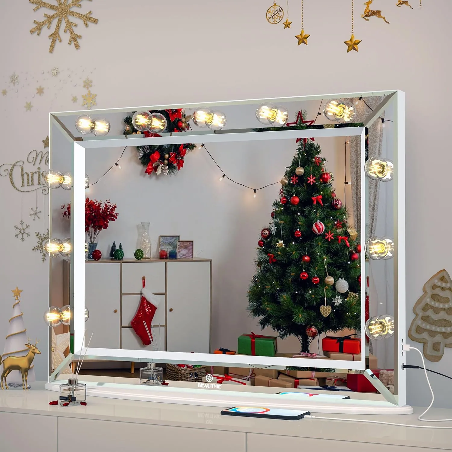 WONSTART Vanity Mirror with Lights 33'' x 24'' Lighted Makeup Mirror with 11 Replaceable Bulbs and 10X Magnifier, USB Charging, Warm Light, Desktop or Wall Mounted (White)