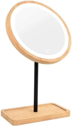 Wooden Desktop LED Makeup Mirror USB Charging Adjustable Bright Diffused 360 Rotation Light Up Mirror (Color : Style B)