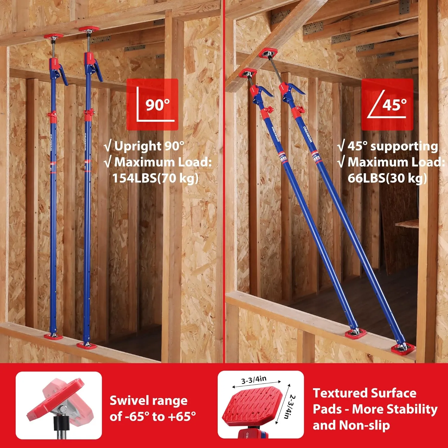 WORKPRO Cabinet Jack Support Pole, 54-114 Inches Steel Telescopic Quick Support Rod Adjustable 3rd Hand Support System with 154 lbs Capacity for Cabinet Jack, Drywall Jack& Cargo Bars, 4-Pack