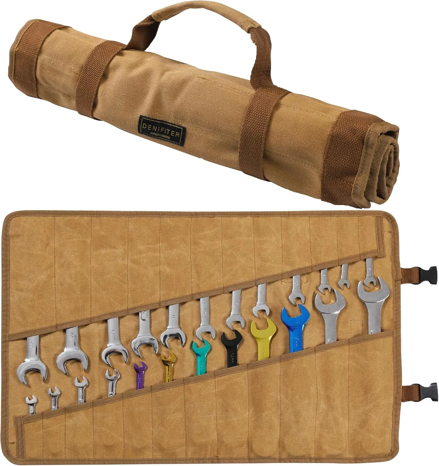 Wrench Roll Up Organizer Pouch,Heavy Duty 16oz Waxed Canvas Tool Bag, 24 Pockets Tool Roll Bag with Buckle