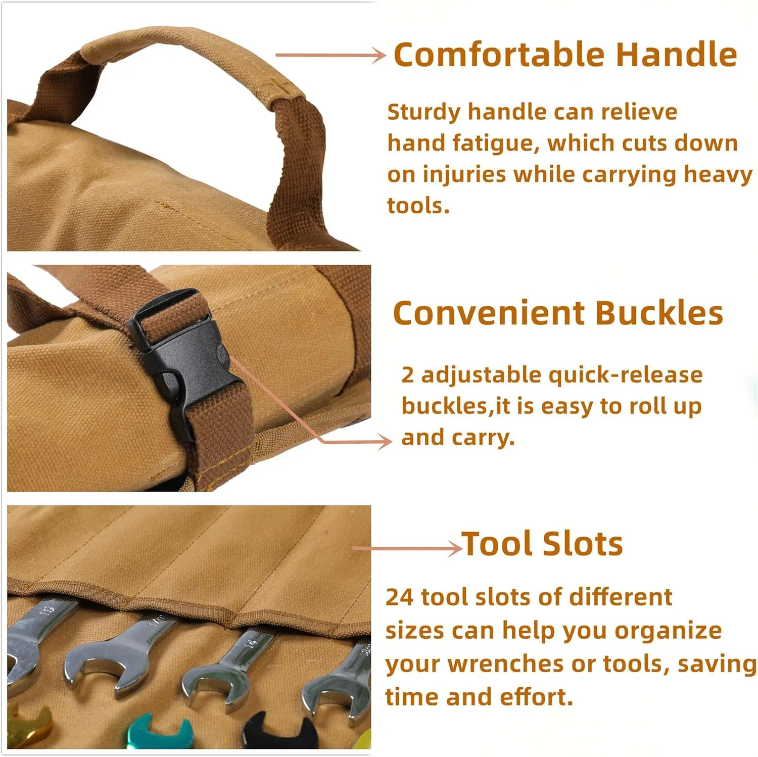 Wrench Roll Up Organizer Pouch,Heavy Duty 16oz Waxed Canvas Tool Bag, 24 Pockets Tool Roll Bag with Buckle