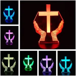 Xdorra Christian Prayer Cross 3D Illusion Lamp - Multi Colors AUTO Changing Bless Decorative Table Light with one Black Base - Religious Lamps Birthday Christmas Business Gifts