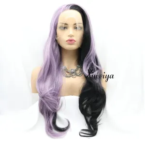 Xiweiya Long Body Wave Synthetic Lace Front Wig Mermaid Piano Half Purple Half Black Side Part Soft Wig Hair Replacement Wig for Women, Drag Queen Makeup 24 inch