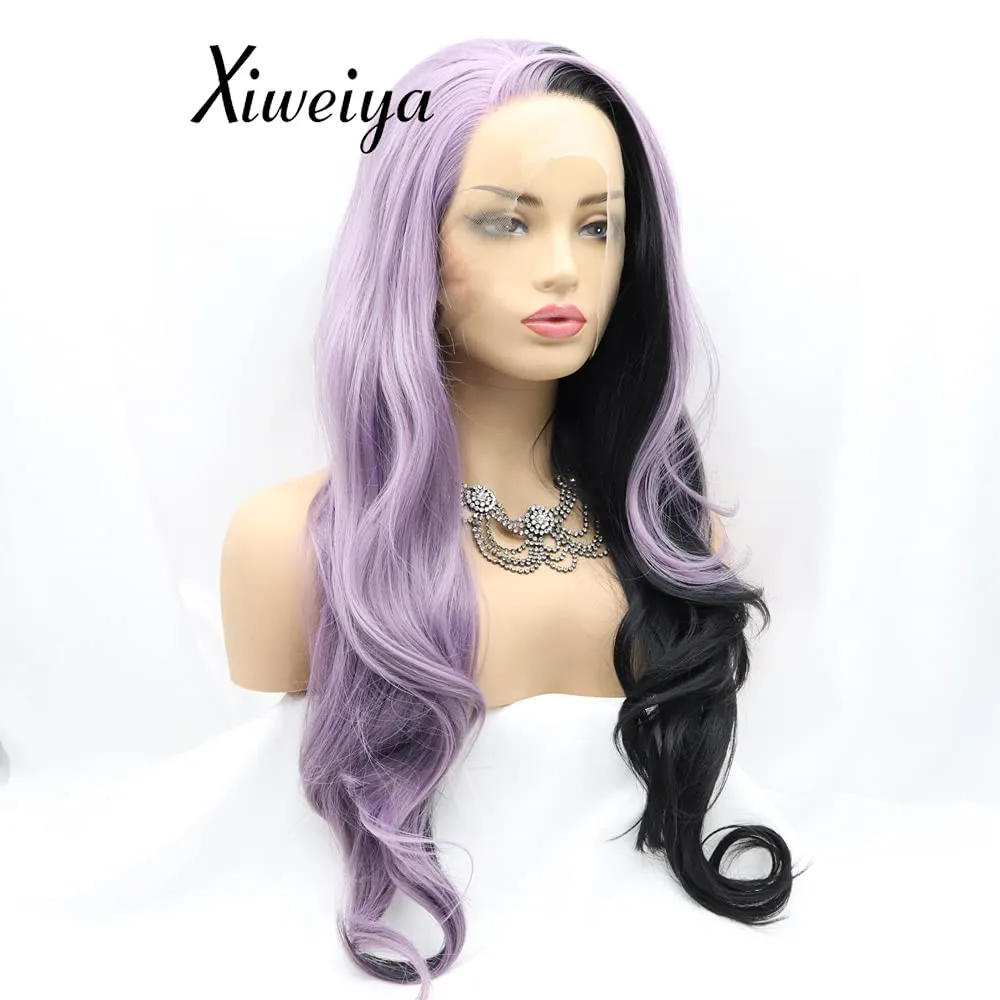 Xiweiya Long Body Wave Synthetic Lace Front Wig Mermaid Piano Half Purple Half Black Side Part Soft Wig Hair Replacement Wig for Women, Drag Queen Makeup 24 inch