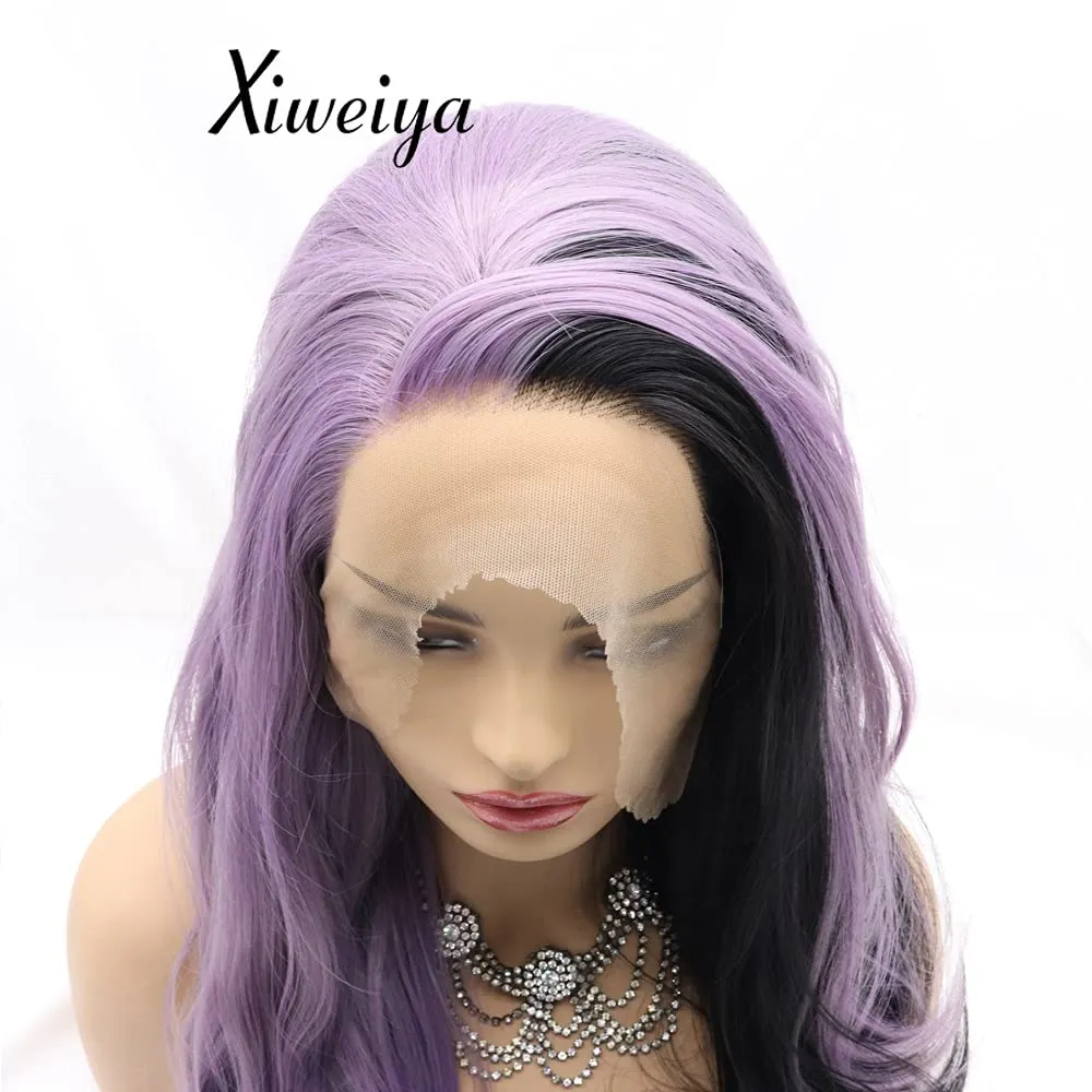 Xiweiya Long Body Wave Synthetic Lace Front Wig Mermaid Piano Half Purple Half Black Side Part Soft Wig Hair Replacement Wig for Women, Drag Queen Makeup 24 inch