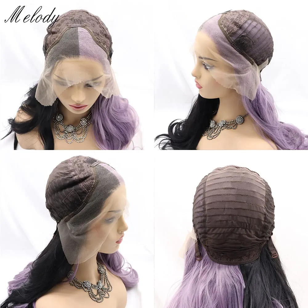 Xiweiya Long Body Wave Synthetic Lace Front Wig Mermaid Piano Half Purple Half Black Side Part Soft Wig Hair Replacement Wig for Women, Drag Queen Makeup 24 inch