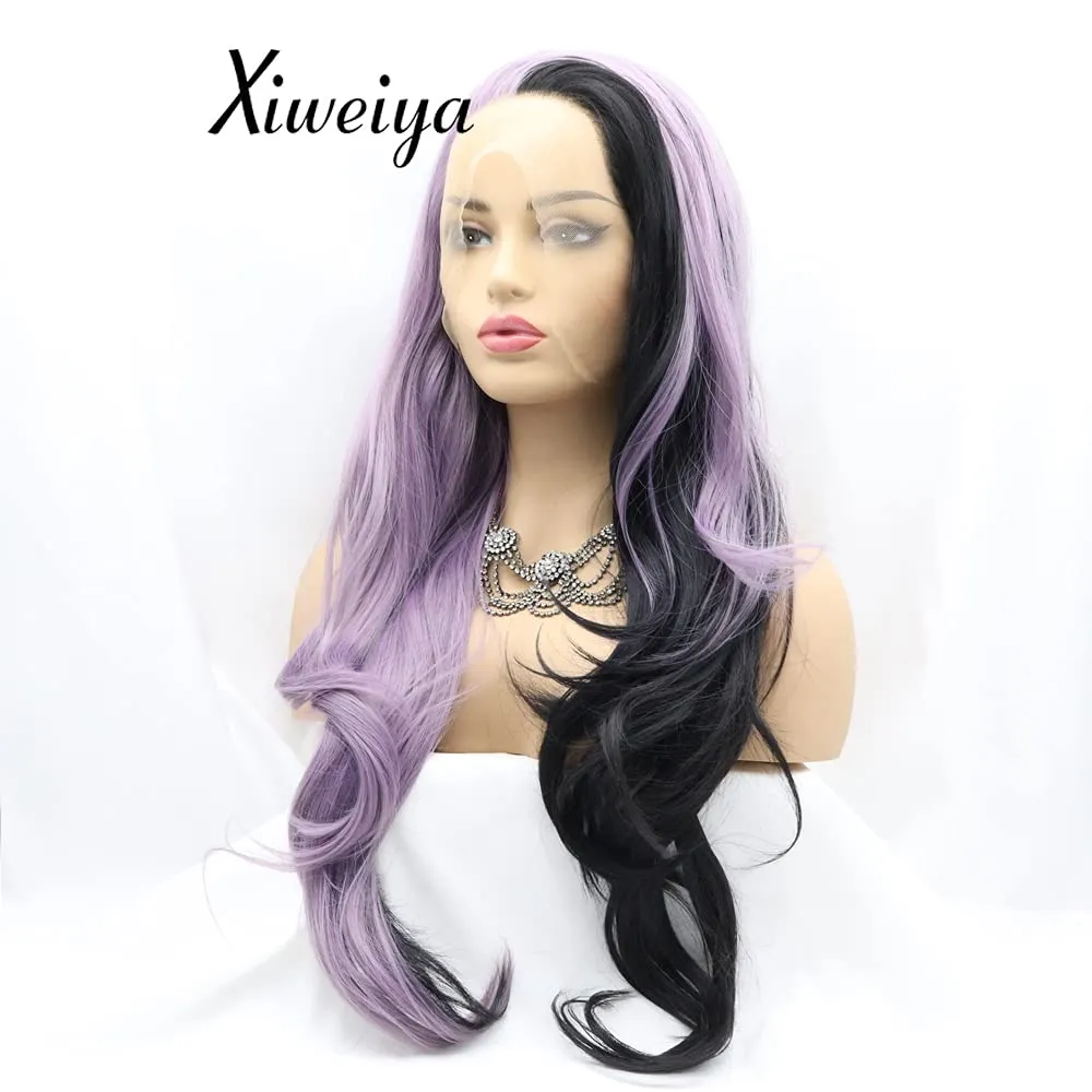 Xiweiya Long Body Wave Synthetic Lace Front Wig Mermaid Piano Half Purple Half Black Side Part Soft Wig Hair Replacement Wig for Women, Drag Queen Makeup 24 inch