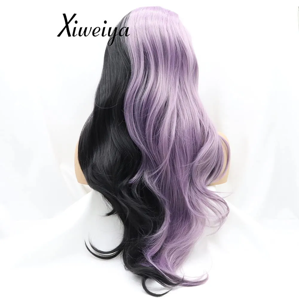 Xiweiya Long Body Wave Synthetic Lace Front Wig Mermaid Piano Half Purple Half Black Side Part Soft Wig Hair Replacement Wig for Women, Drag Queen Makeup 24 inch