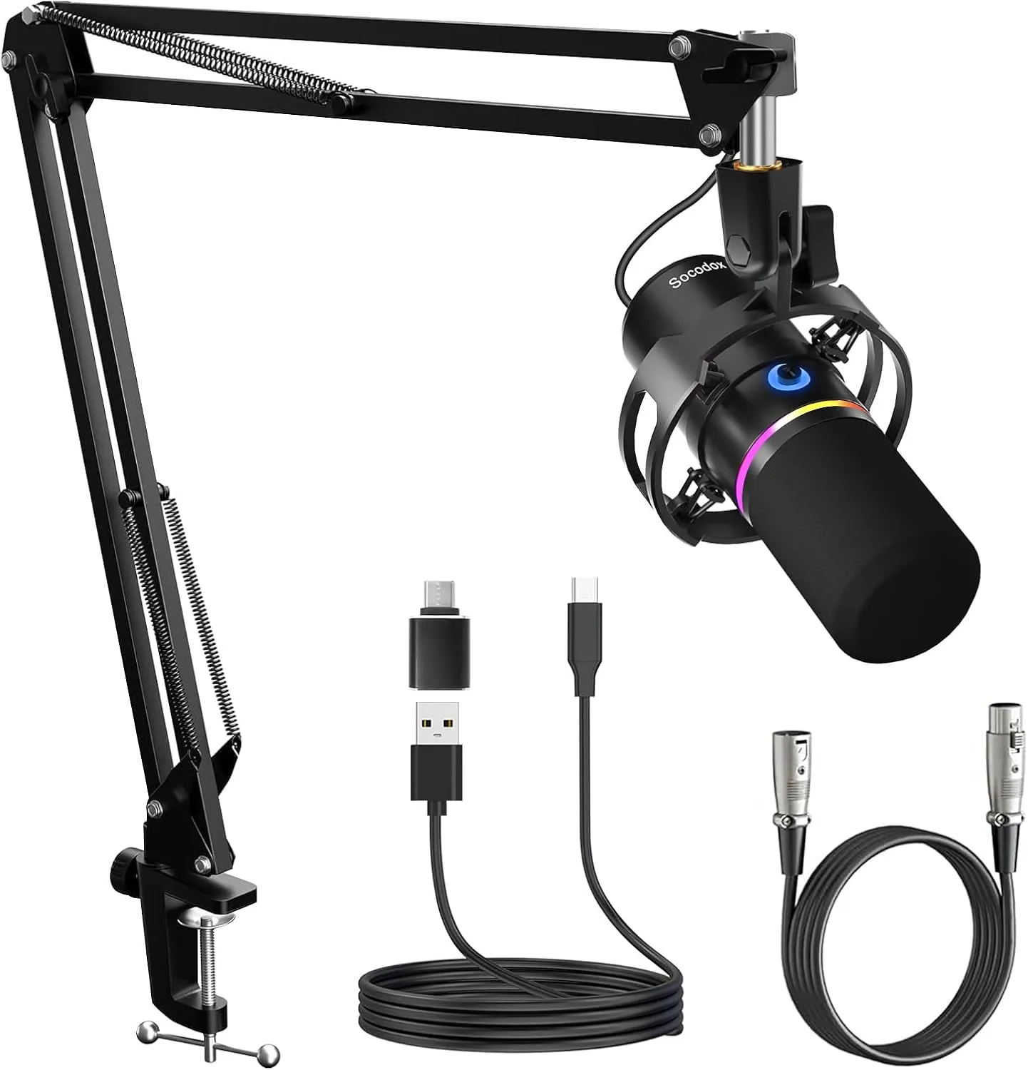 XLR/USB Dynamic Microphone Kit, PC Microphone for Streaming, Podcasting, Gaming, RGB, Mute and Noise Cancelling Function, Volume Control, Headphone Jack
