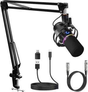 XLR/USB Dynamic Microphone Kit, PC Microphone for Streaming, Podcasting, Gaming, RGB, Mute and Noise Cancelling Function, Volume Control, Headphone Jack