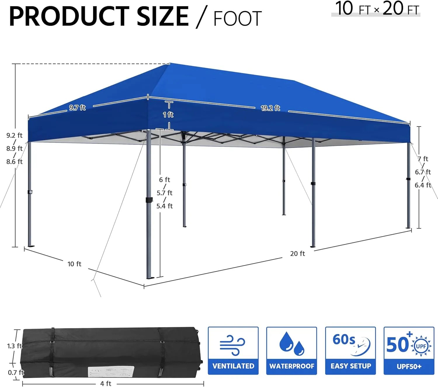 Yaheetech 10×20 Pop Up Canopy Easy Set-up Tent, Portable Outdoor Canopy Instant Tent, Commercial Gazebo with Wheeled Carry Bag & 6 Sandbags for Home, Party & Outdoor Activities, Blue