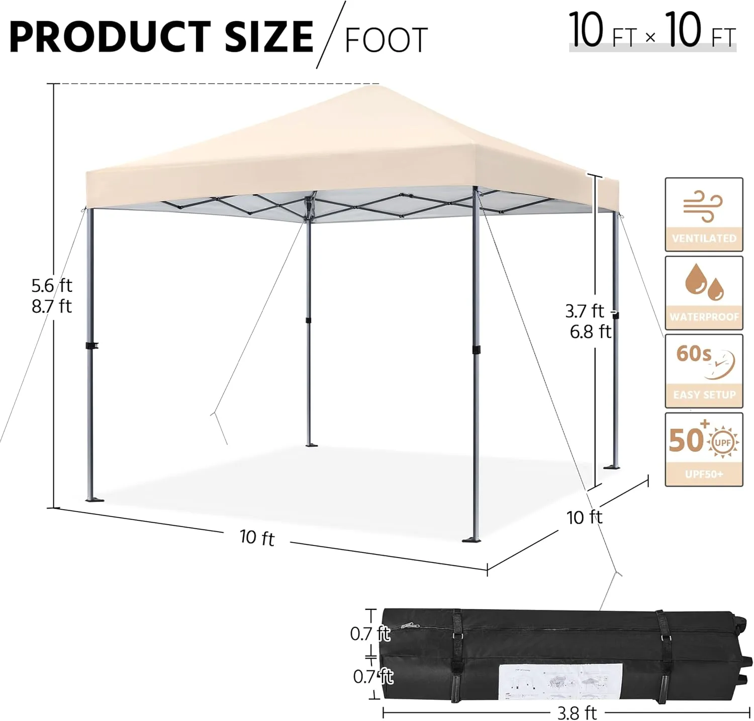 Yaheetech 10x10 1-Person Setup Pop Up Canopy Tent, Instant Portable Commercial Canopy Tent, Outdoor Gazebo with 1-Button Push, Wheeled Bag & 4 Sandbags for Home, Party & Outdoor Activities, Beige