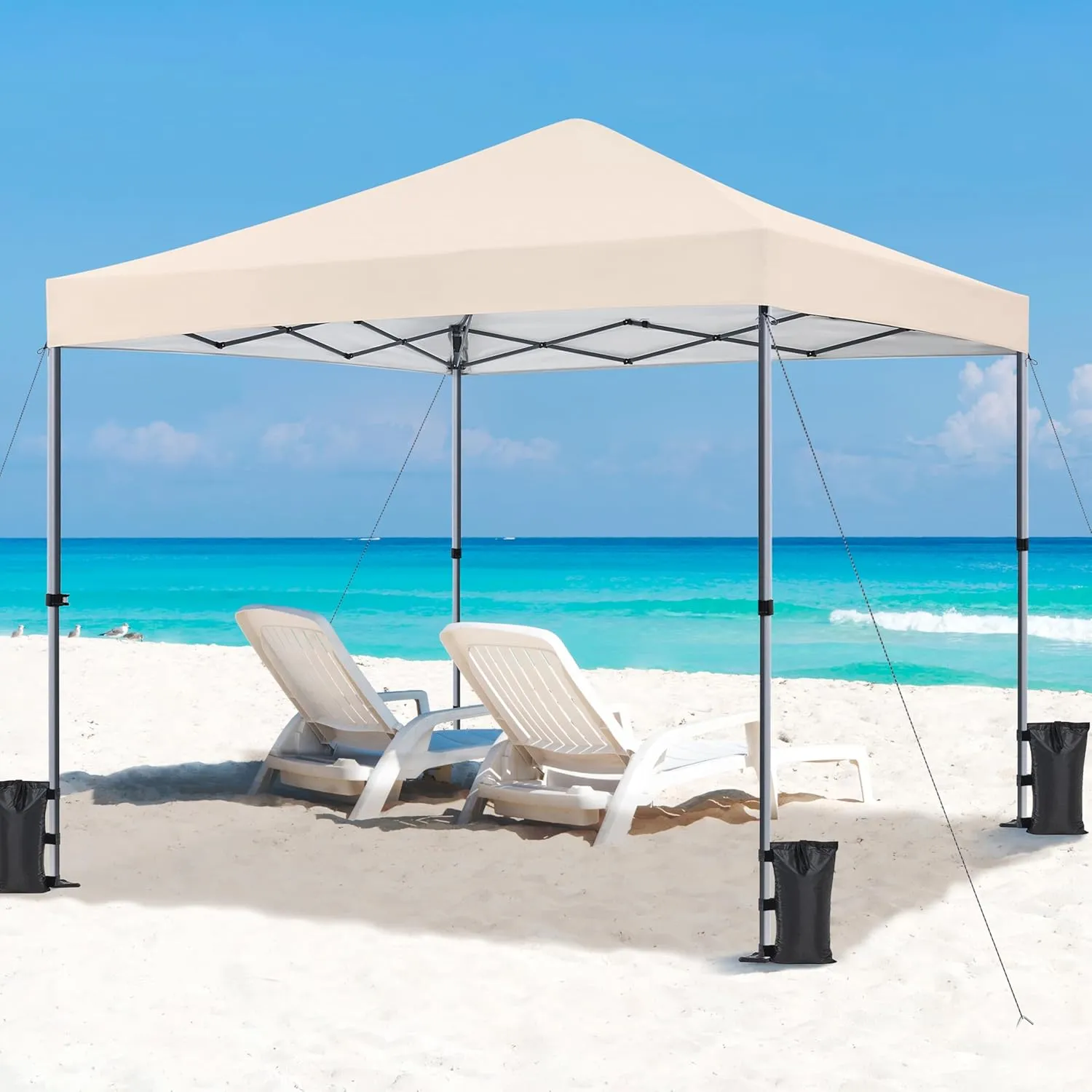 Yaheetech 10x10 1-Person Setup Pop Up Canopy Tent, Instant Portable Commercial Canopy Tent, Outdoor Gazebo with 1-Button Push, Wheeled Bag & 4 Sandbags for Home, Party & Outdoor Activities, Beige