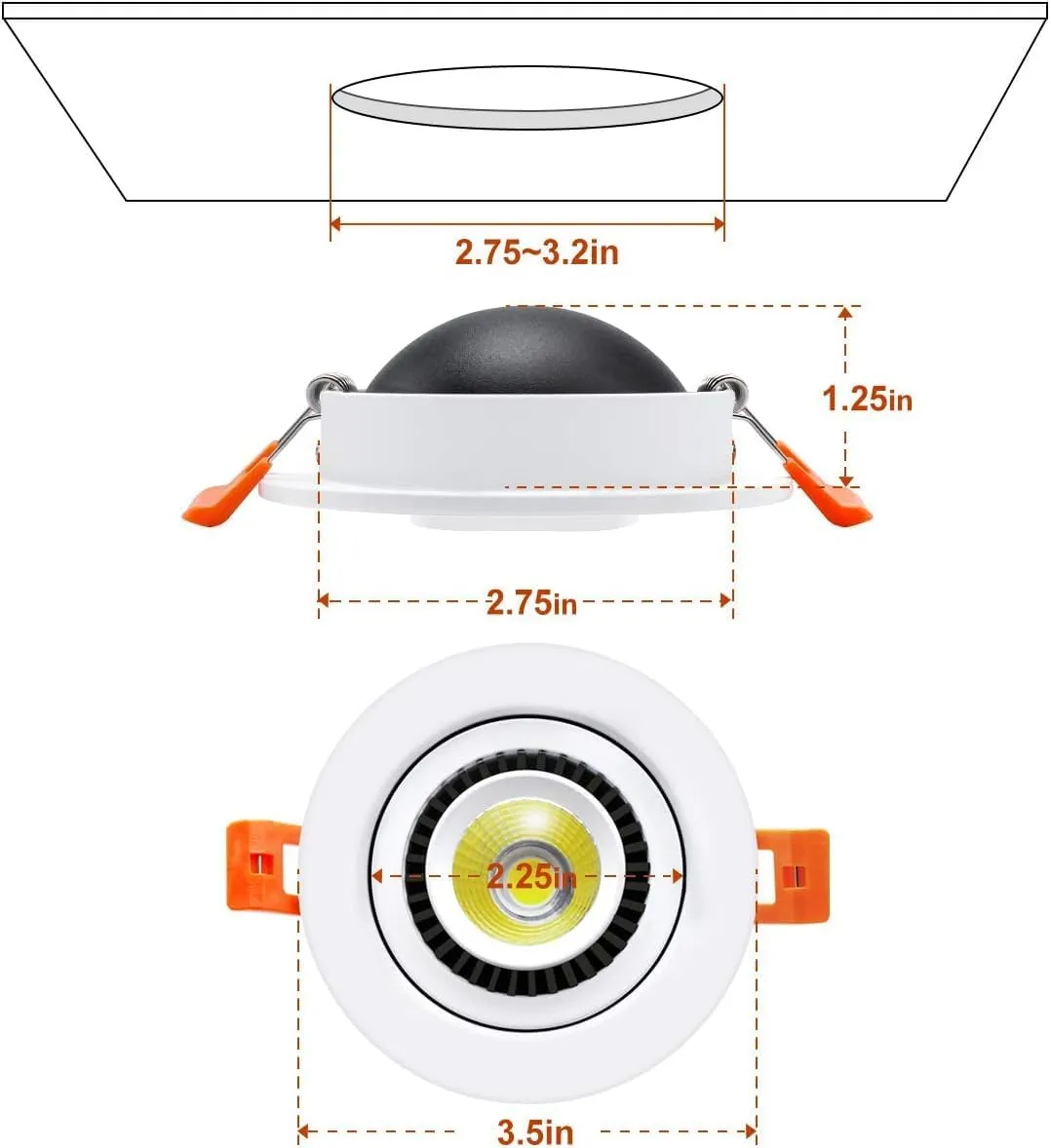 YGS-Tech 3 Inch Eyeball Gimbal LED Recessed Lighting Dimmable Downlight, 5W (50W Halogen Equivalent) Adjustable Spotlight, 2700K Ultra Warm White, CRI80, Ceiling Light with LED Driver (4 Pack)