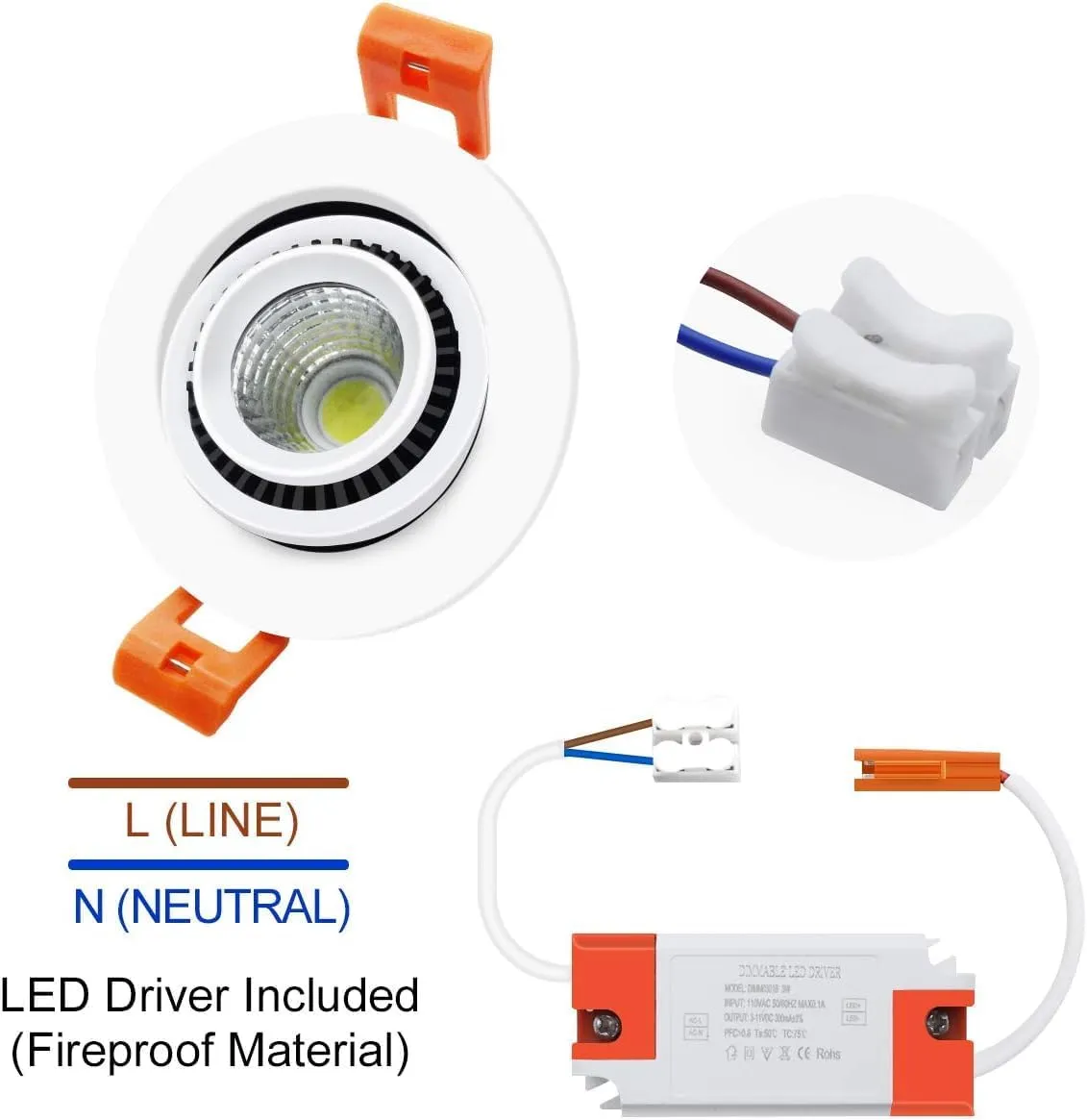 YGS-Tech 3 Inch Eyeball Gimbal LED Recessed Lighting Dimmable Downlight, 5W (50W Halogen Equivalent) Adjustable Spotlight, 2700K Ultra Warm White, CRI80, Ceiling Light with LED Driver (4 Pack)