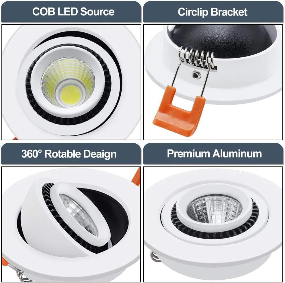 YGS-Tech 3 Inch Eyeball Gimbal LED Recessed Lighting Dimmable Downlight, 5W (50W Halogen Equivalent) Adjustable Spotlight, 3000K Warm White, CRI80, Ceiling Light with LED Driver (4 Pack)
