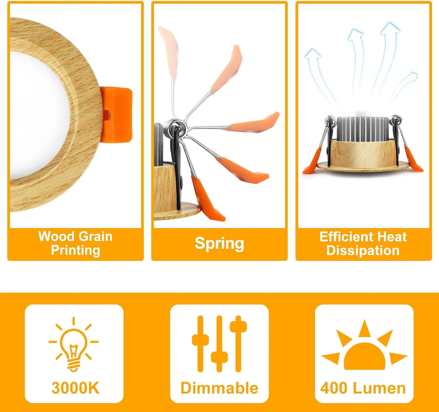 YGS-Tech 3 Inch LED Recessed Lighting, Wood Grain Style Dimmable Downlight, 5W(40W Halogen Equivalent), 3000K Warm White, CRI80, LED Ceiling Light with Driver (4 Pack)
