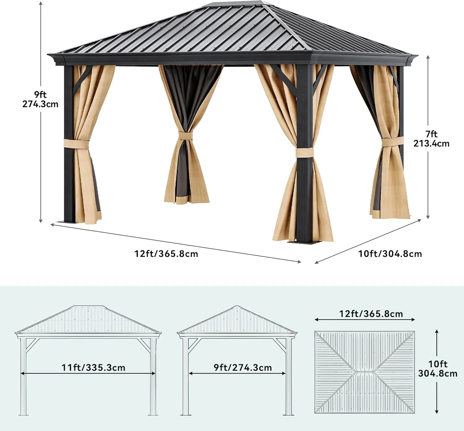 YITAHOME 10X12FT Hardtop Metal Gazebo Single Top Outdoor Patio Canopy Galvanized Iron Aluminum Column Garden Tent Curtains Netting for Backyards Decks Lawns,Brown