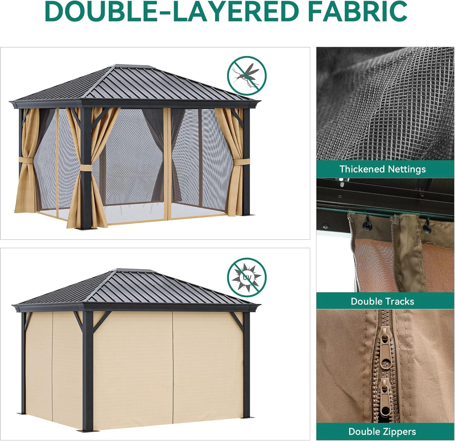 YITAHOME 10X12FT Hardtop Metal Gazebo Single Top Outdoor Patio Canopy Galvanized Iron Aluminum Column Garden Tent Curtains Netting for Backyards Decks Lawns,Brown