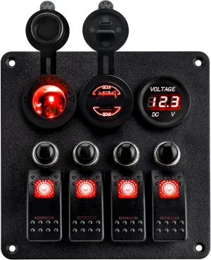 Young Marine Waterproof Marine Boat Rocker Switch Aluminum Panel 4 Gang with USB Slot Socket QC 3.0 and Type C QC 4.0   Volt Meter Blue LED Light for Car Rv Vehicles Truck