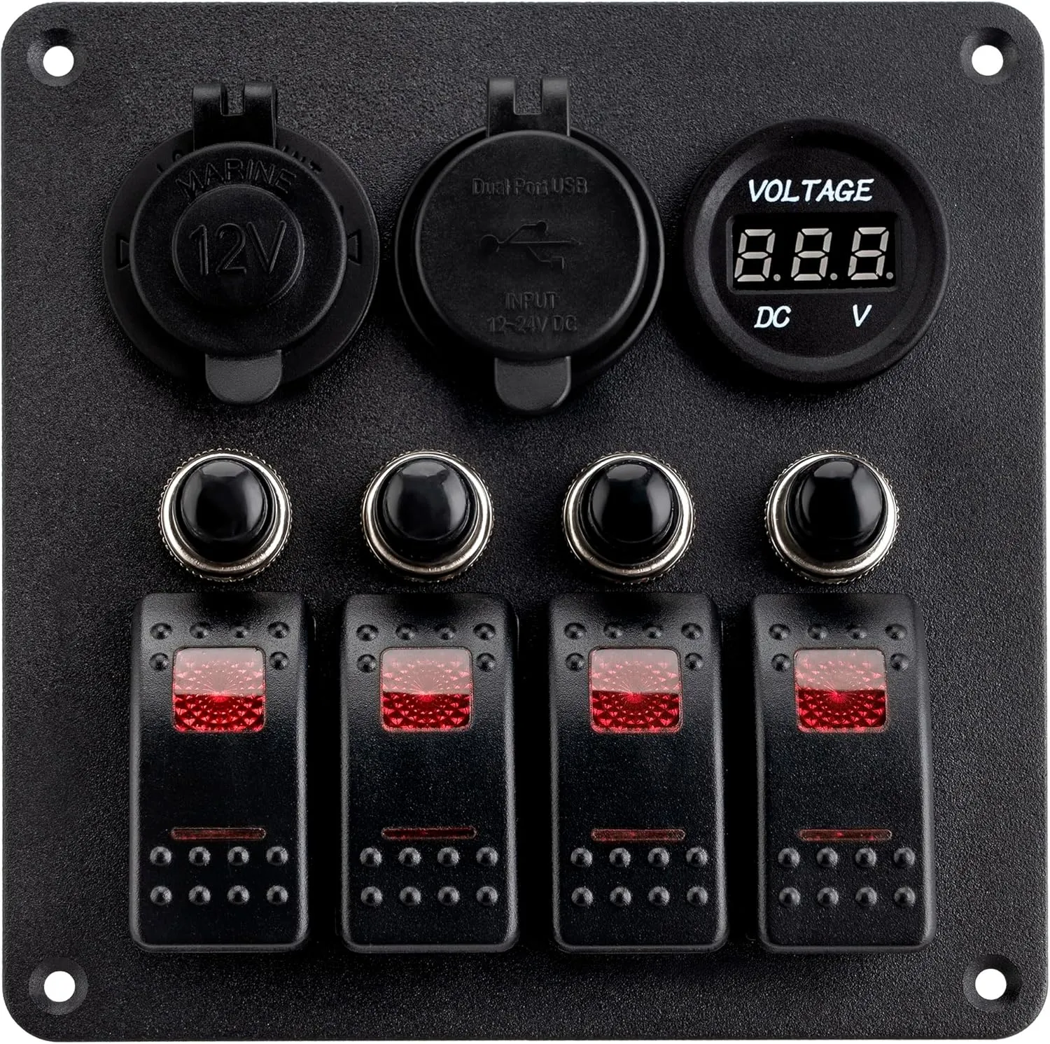 Young Marine Waterproof Marine Boat Rocker Switch Aluminum Panel 4 Gang with USB Slot Socket QC 3.0 and Type C QC 4.0   Volt Meter Blue LED Light for Car Rv Vehicles Truck