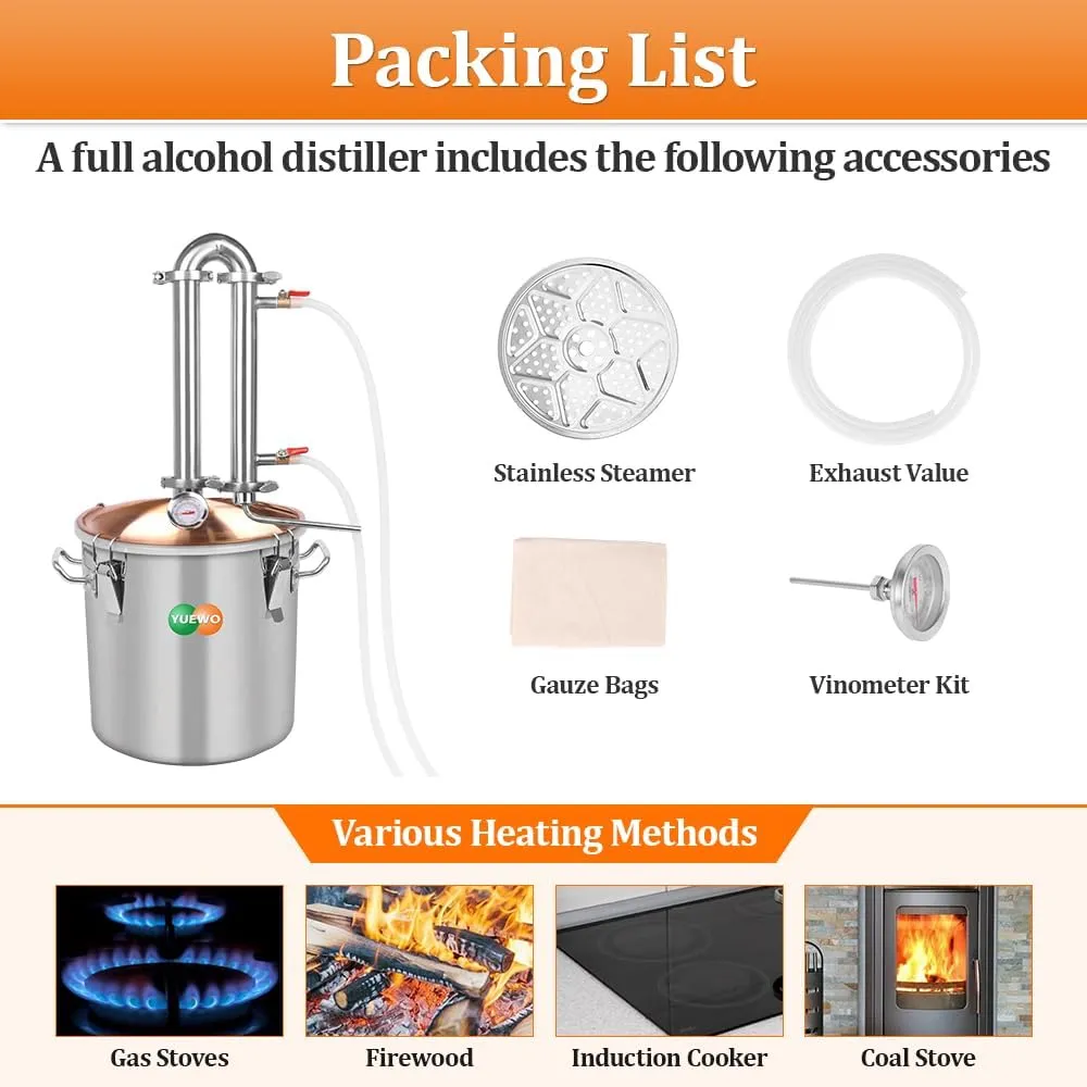 YUEWO Alcohol Water Distiller 3GAL/12L Alembic Pot Still Stainless Steel Home Brewing Distillery Kit with Copper Dome Top for DIY Whisky Wine Brandy Gin Vodka Alcohol Making (3GAL/12L)