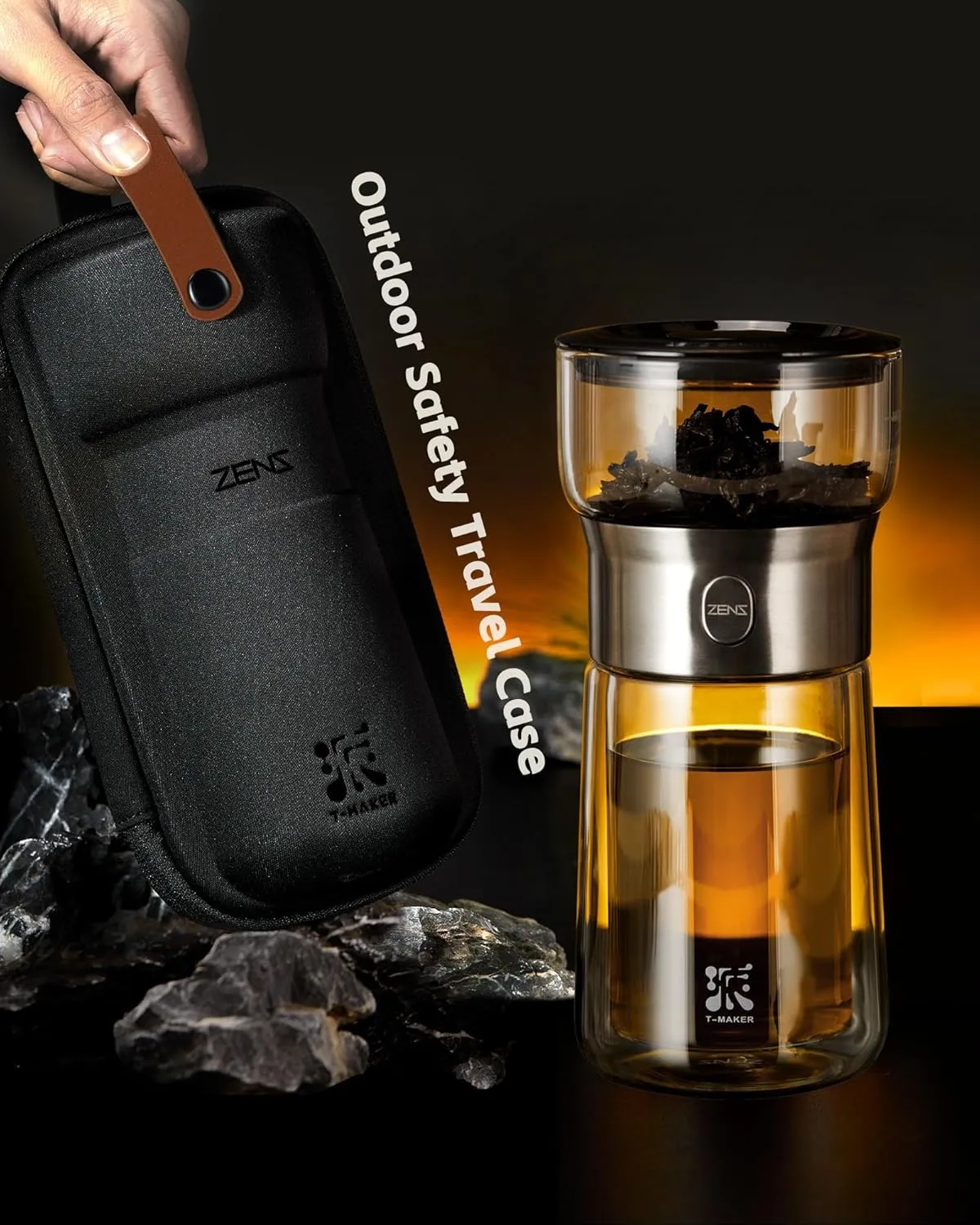 ZENS Modern Glass Tea Infuser Teapot, Smart One Touch Tea Maker for Loose Tea Diffusers with Insulated Mug and Portable Tea Kits, Cool Gongfu Tea Pot for Black Tea Lover Gifts