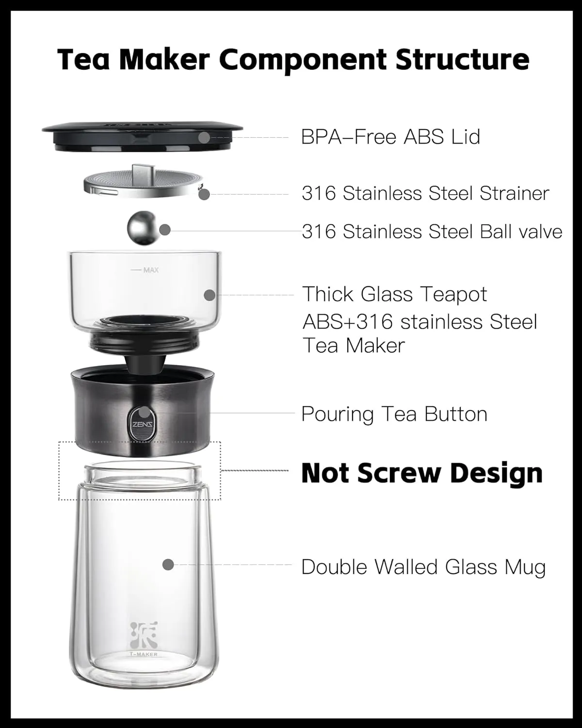 ZENS Modern Glass Tea Infuser Teapot, Smart One Touch Tea Maker for Loose Tea Diffusers with Insulated Mug and Portable Tea Kits, Cool Gongfu Tea Pot for Black Tea Lover Gifts
