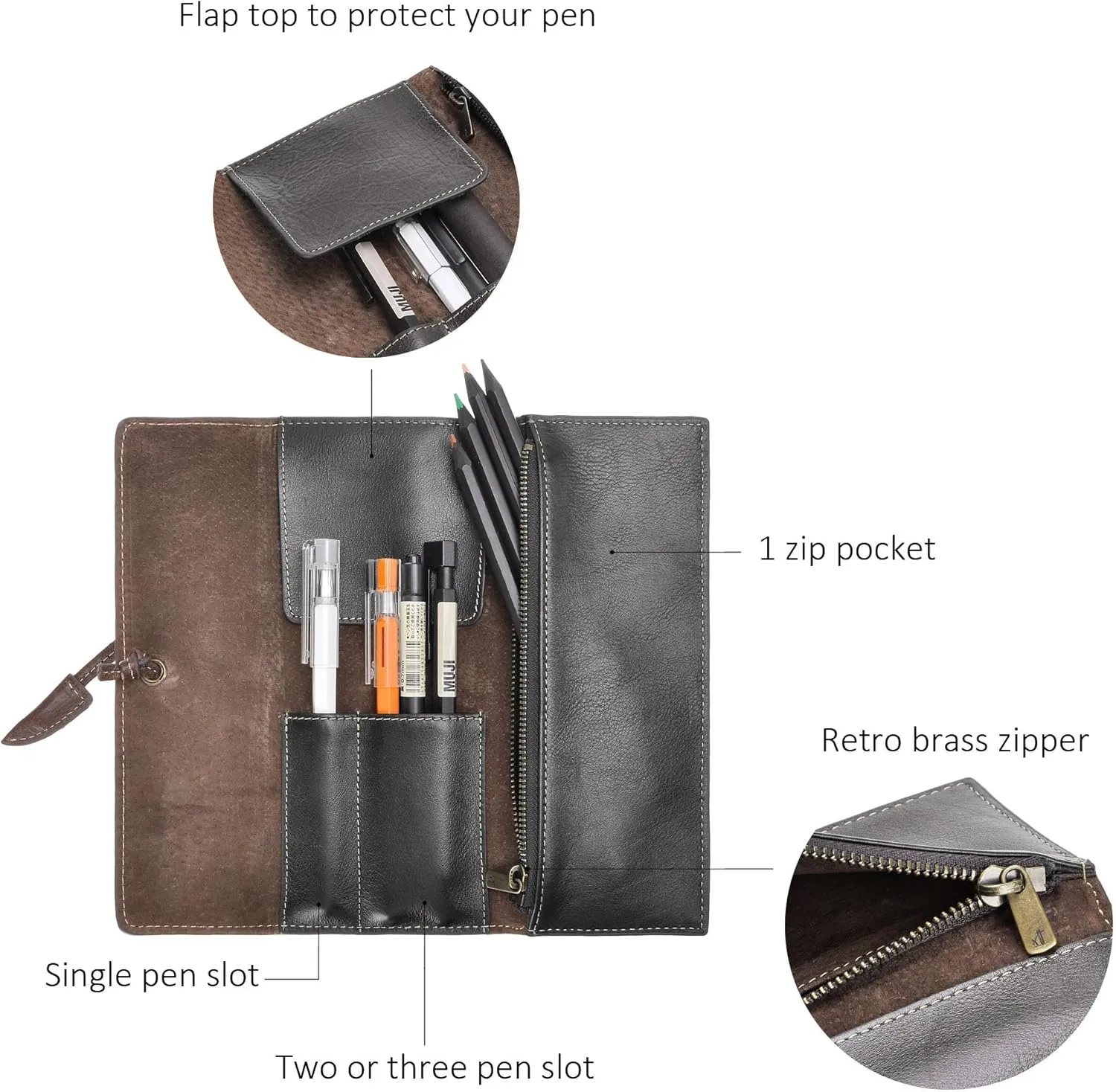 ZLYC Handmade Leather Pencil Case Soft Roll Bag Stationery Gift for Student
