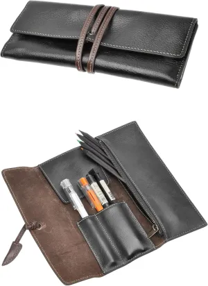 ZLYC Handmade Leather Pencil Case Soft Roll Bag Stationery Gift for Student