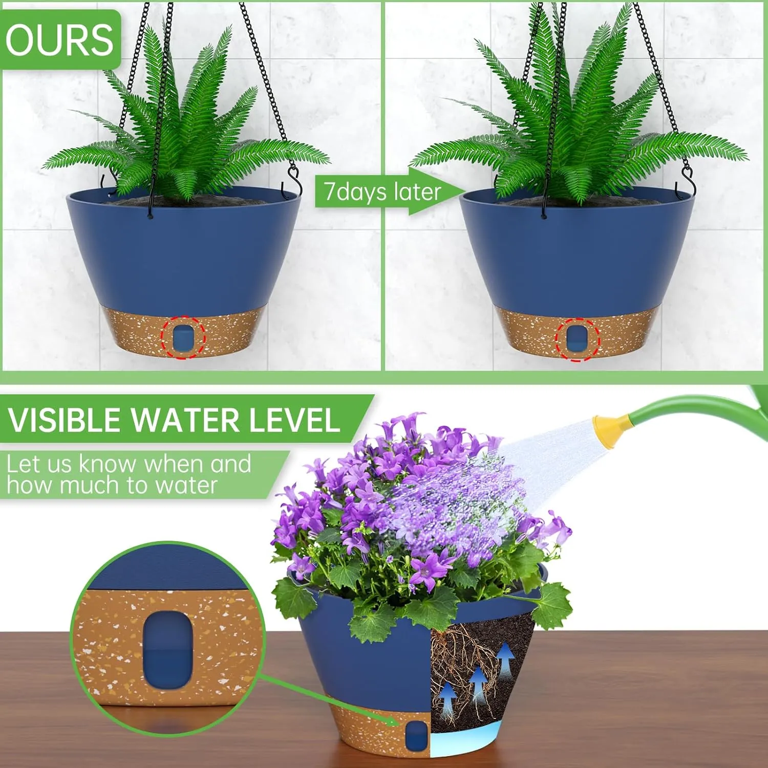ZMTECH 2 Pack Hanging Planters for Outdoor Plants, Hanging Pots for Plants Indoor with Visible Water Level, Hanging Flower Basket with Drainage Holes & Removable Tray(10 Inch, Blue)