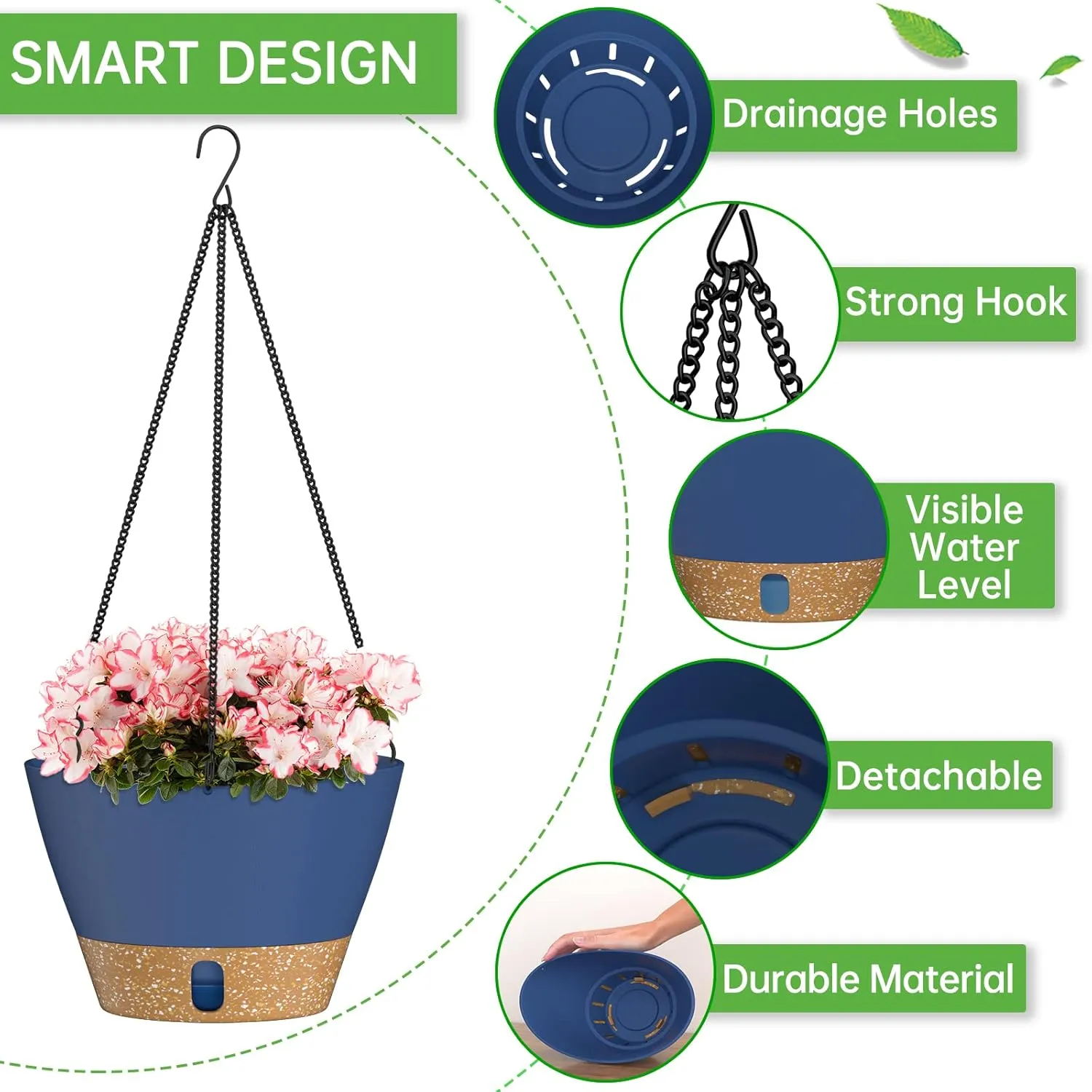 ZMTECH 2 Pack Hanging Planters for Outdoor Plants, Hanging Pots for Plants Indoor with Visible Water Level, Hanging Flower Basket with Drainage Holes & Removable Tray(10 Inch, Blue)