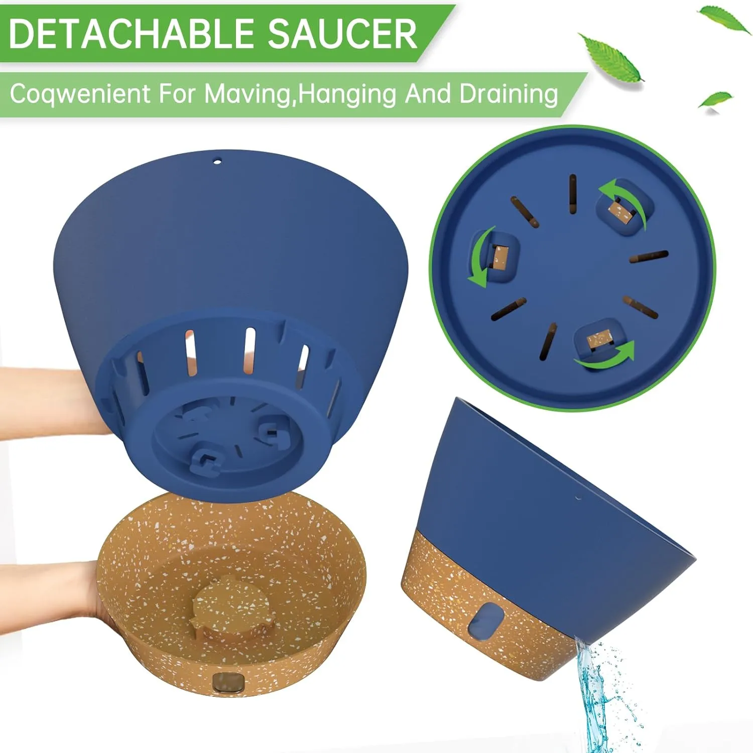 ZMTECH 2 Pack Hanging Planters for Outdoor Plants, Hanging Pots for Plants Indoor with Visible Water Level, Hanging Flower Basket with Drainage Holes & Removable Tray(10 Inch, Blue)